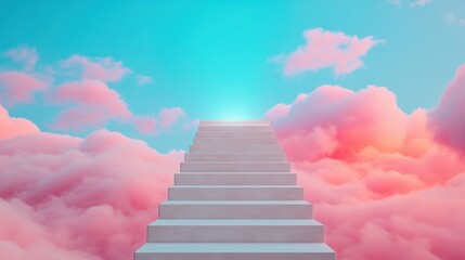 A serene staircase ascends through fluffy pink clouds against a vibrant blue sky, evoking a sense of tranquility and wonder.