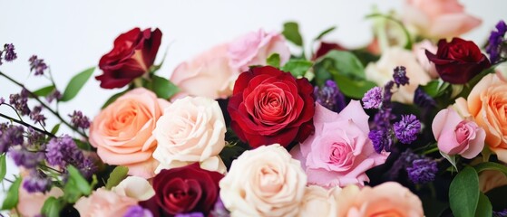 Beautiful bouquet of roses in varied colors, perfect for Valentines Day, anniversaries, celebrations of love, romance, floral arrangements, gift ideas.