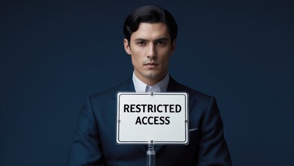 A man in a dark suit holding a sign that reads 'Restricted Access' in a blue backdrop, evoking a serious atmosphere