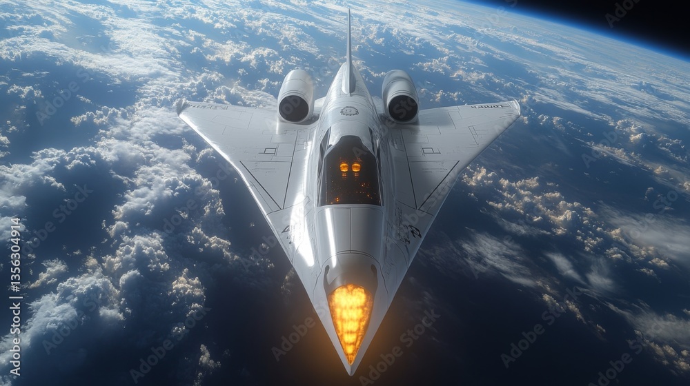 Poster A sleek, futuristic spaceplane is captured soaring through the upper atmosphere, showcasing advanced hypersonic propulsion technology while surrounded by clouds and the curvature of Earth.