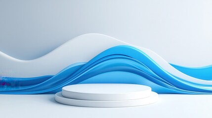 Obraz premium Abstract blue waves with a white podium for showcasing products or presentations.