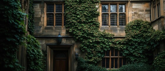 A historic building with lush green ivy growing on its walls, perfect for use in historical or vintage-themed designs