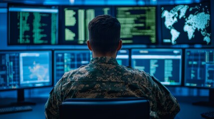 Military personnel analyzing cybersecurity threats at high-tech command center digital warfare environment tactical viewpoint technology