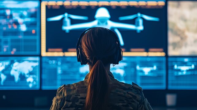 Military drone operation control center digital interaction high-tech environment strategic viewpoint modern warfare concept