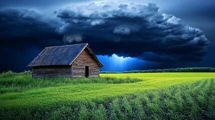 Fototapeta premium Stormy sky over rustic cabin in field