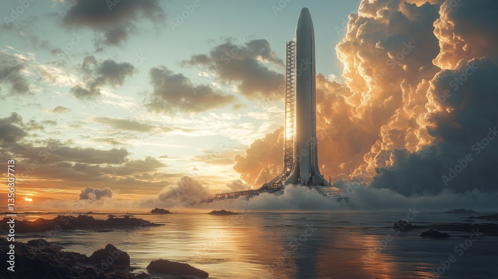 Poster A rocket prepares for launch against a backdrop of colorful clouds and sunset, showcasing innovation in spaceflight and hypersonic propulsion technologies near the ocean.