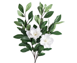 Elegant white flowers and green leaves in a simple arrangement on a transparent background, cut out