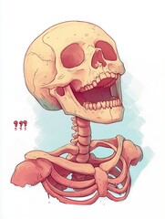 Hand-drawn watercolor skull laughing, soft pastel bones, artistic and fun skeleton isolated on white.