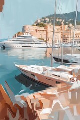 Artistic illustration of a boat near coastal cliffs, painterly style with expressive brushstrokes and a muted pastel color palette.