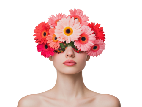 Woman with flower crown poses creatively with vibrant blossoms on a transparent background, cut out