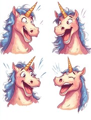 Fun sticker pack of a laughing unicorn with blue mane, different expressions, hand-drawn cute style, modern and whimsical design