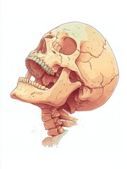 Smiling skull icon in profile, hand-drawn, pastel colors, detailed and realistic, emoticon style, isolated on white background