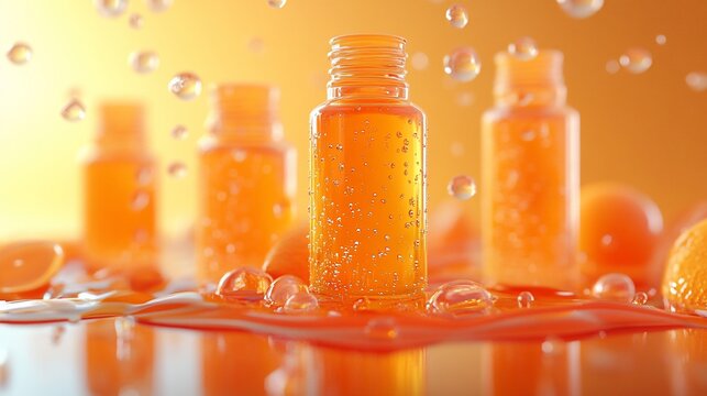 Refreshing orange elixir in glass bottles with water droplets, a vibrant composition