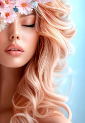 Fototapeta premium Woman with long blonde hair is wearing a flower headband. The image has a light and airy mood, with the flower headband adding a touch of whimsy and playfulness to the scene
