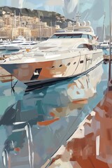 Impressionist seascape with acrylic and oil brushstrokes, a small fishing boat near a dramatic coastal village, artistic muted colors.