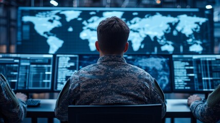 Military personnel analyzing global data control room digital interface high-tech environment overhead view strategic insights