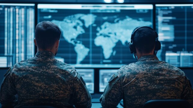 Military personnel analyzing global data in high-tech command center military base digital surveillance indoor side view strategic operations