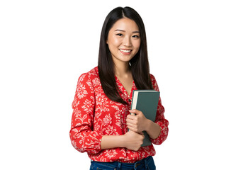 Smiling young woman in red floral shirt holding books, standing confidently against a black background, exuding positivity and determination in her studies