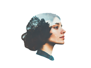 Profile of a woman featuring nature overlay in a creative style on a transparent background, cut out