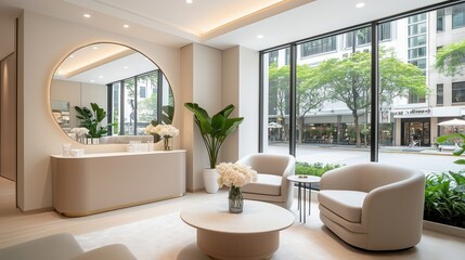 Fototapeta premium Minimalist lounge area with armchairs and round mirror. spa or hotel concept