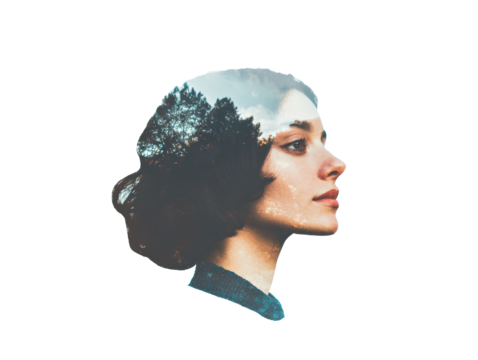 Profile of a woman featuring nature overlay in a creative style on a transparent background, cut out