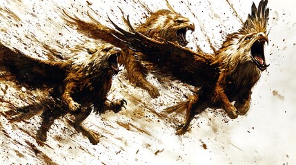 Three griffins in flight, roaring, midst a sandstorm.
