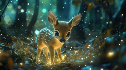 Enchanting fawn in a mystical forest illuminated by ethereal light