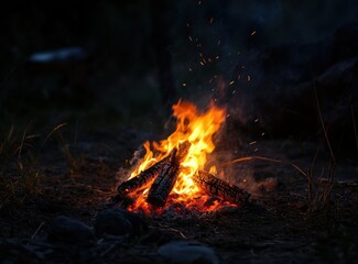 A fire burning in the dark night  a tall flame with flames coming out of it