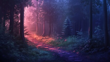 Fototapeta premium Enchanted path through mystic forest illuminated by ethereal hues