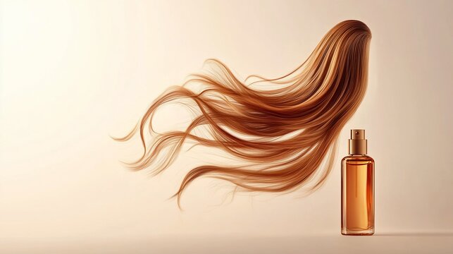 Hair elixir showcasing fluid tresses beside an elegant perfume bottle