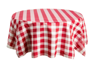 Red and white checkered tablecloth on outdoor round table on a transparent background, cut out
