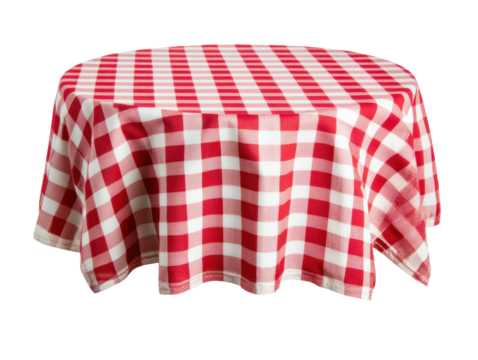 Red and white checkered tablecloth on outdoor round table on a transparent background, cut out