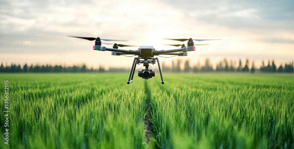 Poster a drone hovers above vibrant green fields during sunset, showcasing the integration of technology in