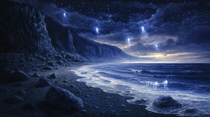 Mystical shoreline at twilight with bioluminescent ethereal beings