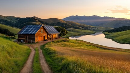 Solar Panels Powering Organic Farm in Scenic Landscape Under Golden Hour Light