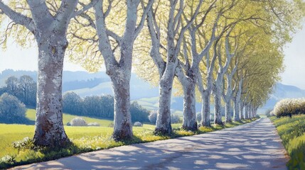 Sun-dappled road flanked by elegant sycamores, a serene painted vista