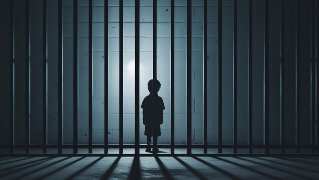 Silhouette of a Child Behind Prison Bars, Symbolizing the Impact of Juvenile Incarceration on Innocence