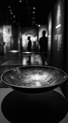 A simple still life image of a bowl on a table in monochrome tones