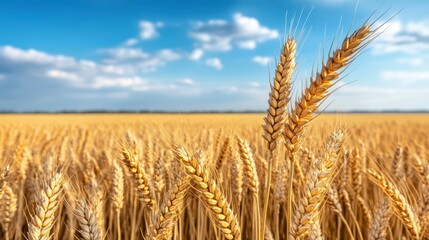 Fototapeta premium Vast Organic Wheat Field Under a Blue Sky with Fluffy Clouds and Golden Crops