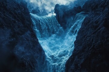 Cascading falls surge between rocky cliffs, a symphony of nature's power. A serene and awe-inspiring moment in a remote, wild landscape.