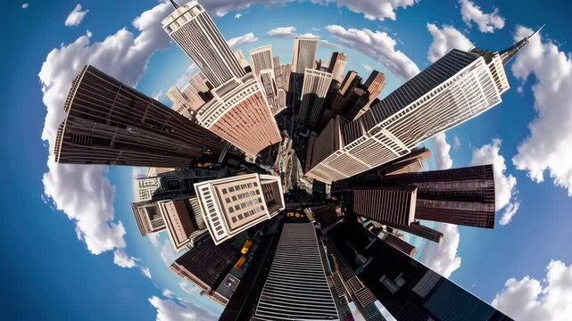 Aerial video captures a cityscape in a tiny planet style, with a fisheye lens creating a circular, immersive view of skyscrapers and clouds.