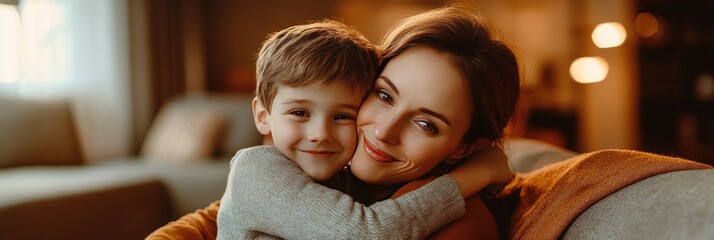 A smiling mother embracing her young son at home inside