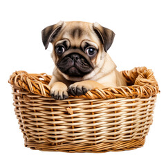 Cute pug puppy sitting in a wicker basket isolated on white or transparent background, png clipart, design element. Easy to place on any other background.