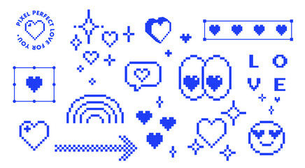 Y2k inspired retro pixel art icon pack. Smile, heart, rainbow, eyes and cool game elements set. Vector illustration on a white background. Mood of 90's trendy digital 8 bit collage stickers