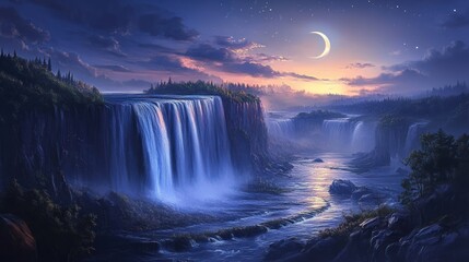 Mystical waterfall landscape at twilight with serene moonlit atmosphere