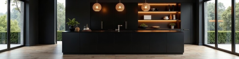 Glossy black island, geometric pendant lights, open shelving, kitchen trends, minimalist design