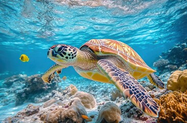 A sea turtle is seen swimming