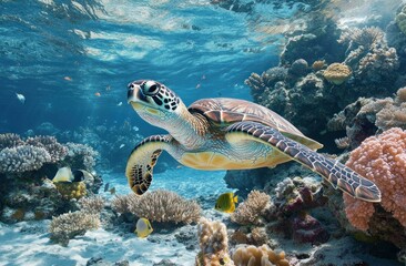 Fototapeta premium A sea turtle is seen swimming