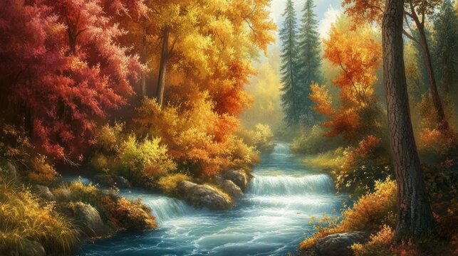 Autumn cascade, serene river flows through colorful fall forest scene