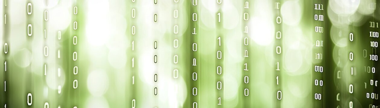 Green binary code streams; nature bokeh background; digital technology concept; website banner